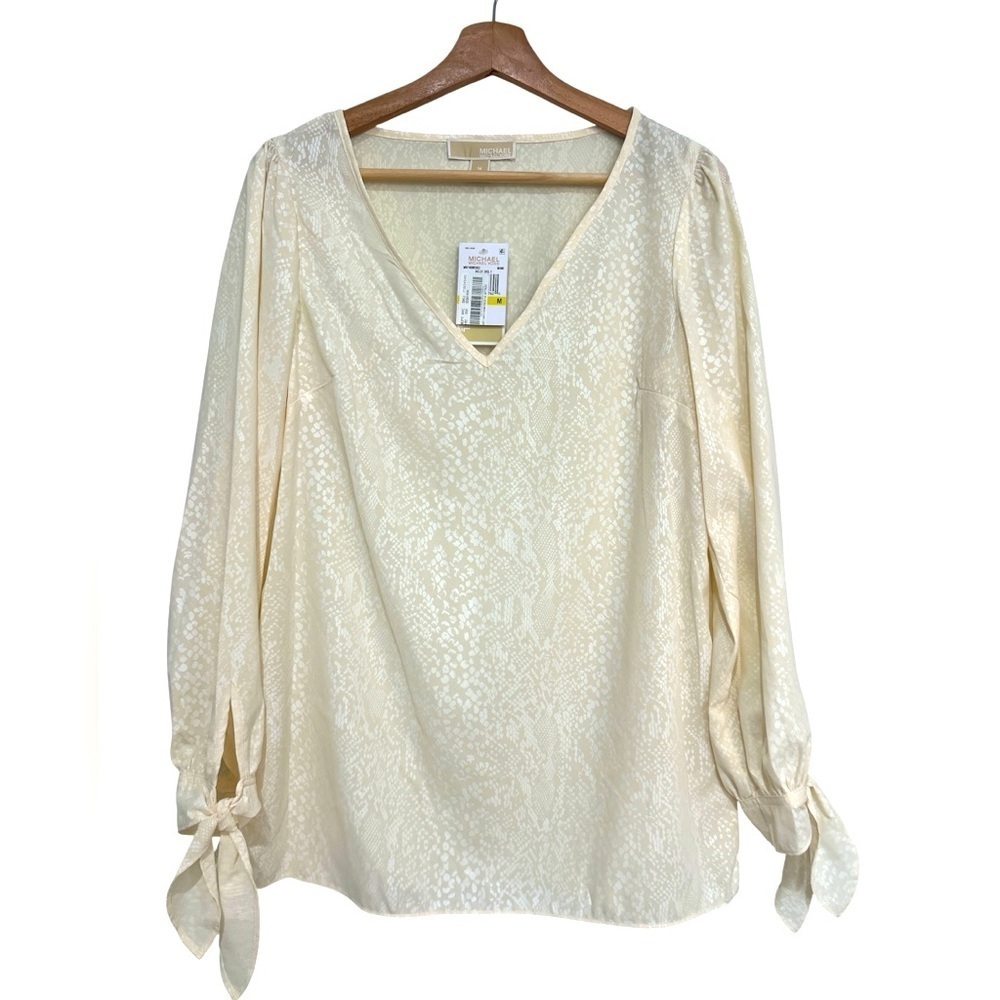 Michael Michael Kors Snakeskin Tie Cuff V-Neck Elegant Top Blouse Sz Medium